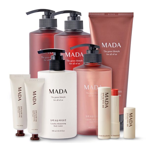 [무료별도배송] MADA - 동백 보습 6종세트 샴푸 500ml 2개 + 트리트먼트 200ml 1개 + 바디워시 500ml 1개 + 바디로션 500ml 1개 + 핸드크림 50ml 2개 + 틴티드 립밥 2개 Sale